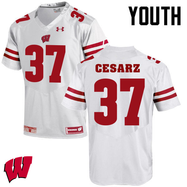 Youth Winsconsin Badgers #37 Ethan Cesarz College Football Jerseys-White